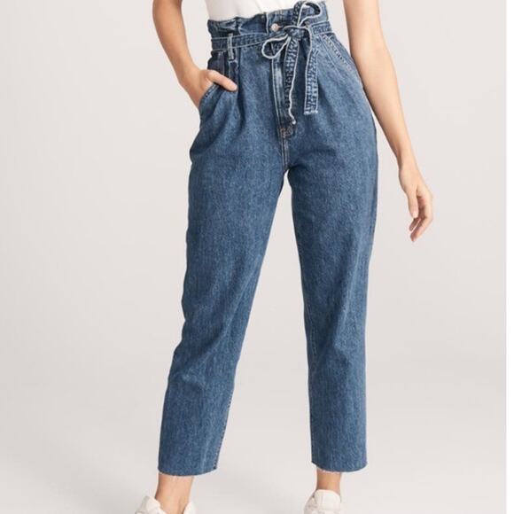 Abercrombie & Fitch Waist Tie Paperbag Mom High Rise Straight Leg Jeans 26/2R - Picture 1 of 8